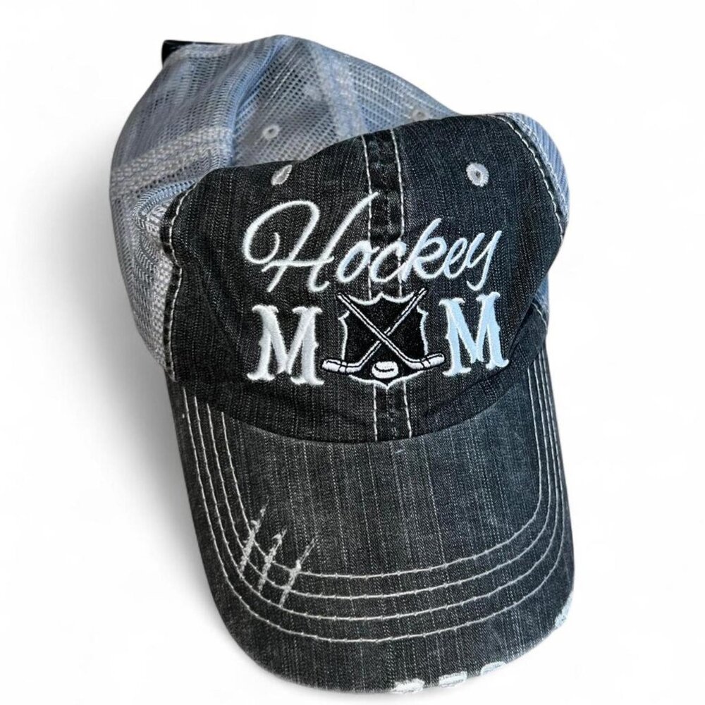 Black Gray Distressed Hockey Mom Baseball Cap Hat